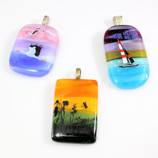 Fused Glass Image Pendants-Gretchen Lisdahl-art glass,birds,crane,dragonfly,flower,flowers,fused,fused glass,garden,glass,jewelry,plants,sailboat