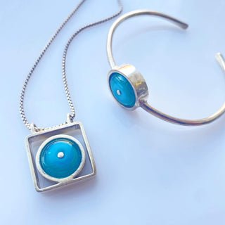 Sterling Silver Teal Circle Set-Kristin Perkins-art glass,bracelet,glass,glass art,minnesota,Necklace,necklaces,Pendant,teal