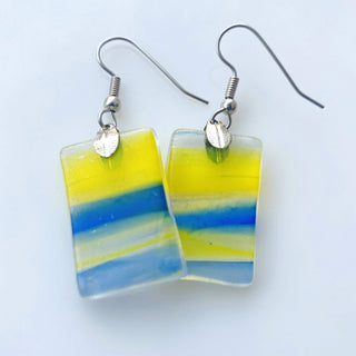 Upcycled Yellow and Blue Fused Glass Earrings-Jody Tonder-art glass,blue,duluth,glass,recycled,torchwork,upcycled,yellow