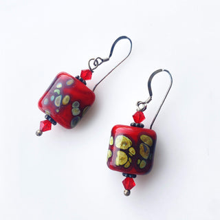 Blown Glass Beaded Earrings-Sue Peoples-art glass,beads,blue,duluth,glass,recycled,torchwork,yellow