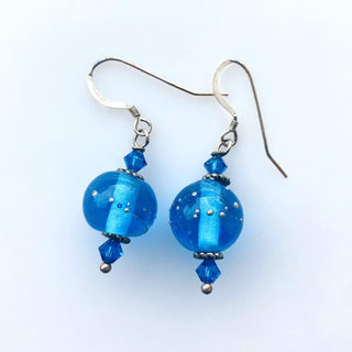 Blown Glass Beaded Earrings-Sue Peoples-art glass,beads,blue,duluth,glass,recycled,torchwork,yellow