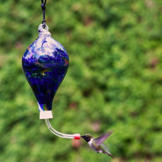 Blue Blown Glass Hummingbird Feeder With Humming Bird- Lake Superior Art Glass